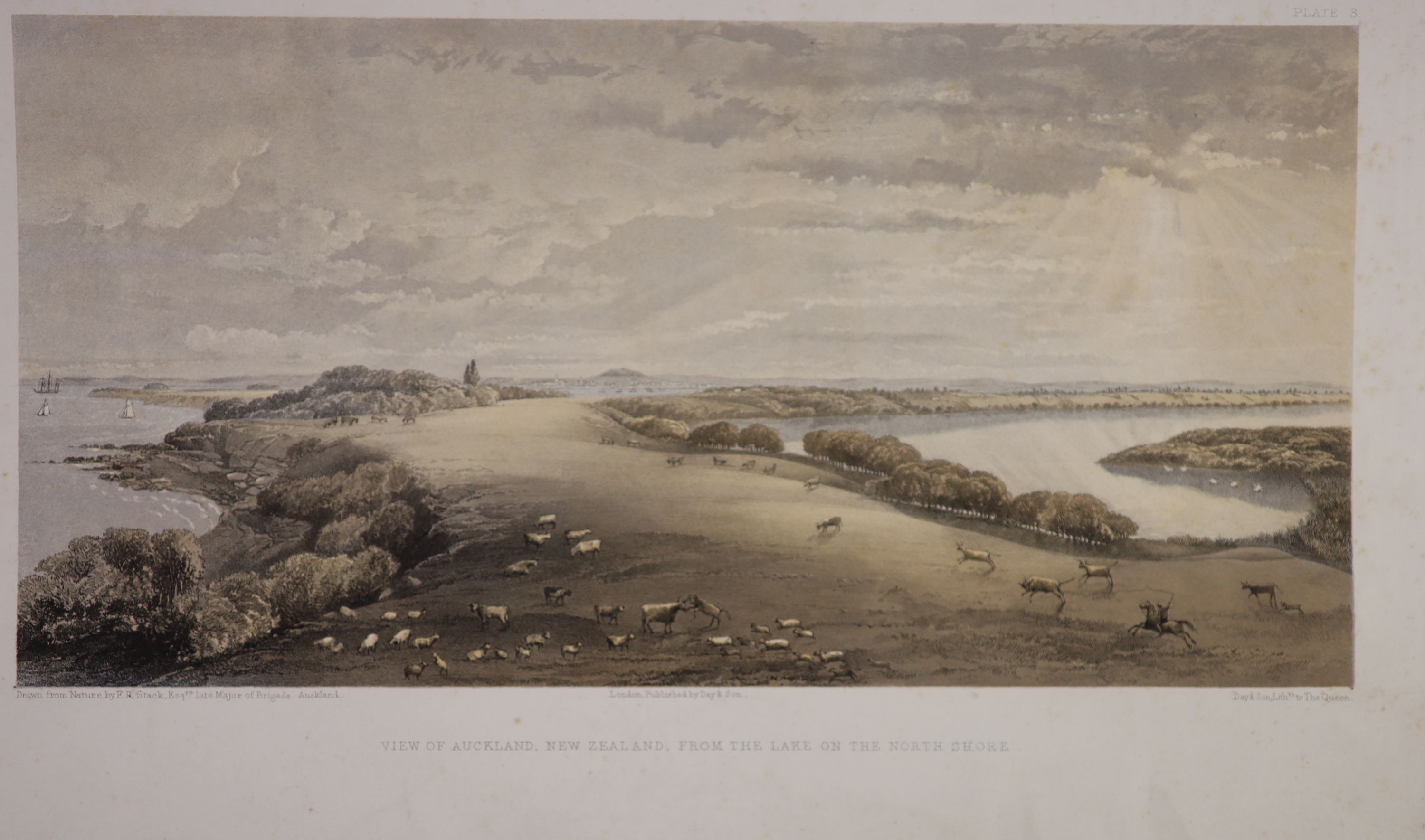 Major Frederick Rice Stack (d.1873), Views of the Province of Auckland, c.1862, Folio of 6 lithographs, 38 x 57 cm.